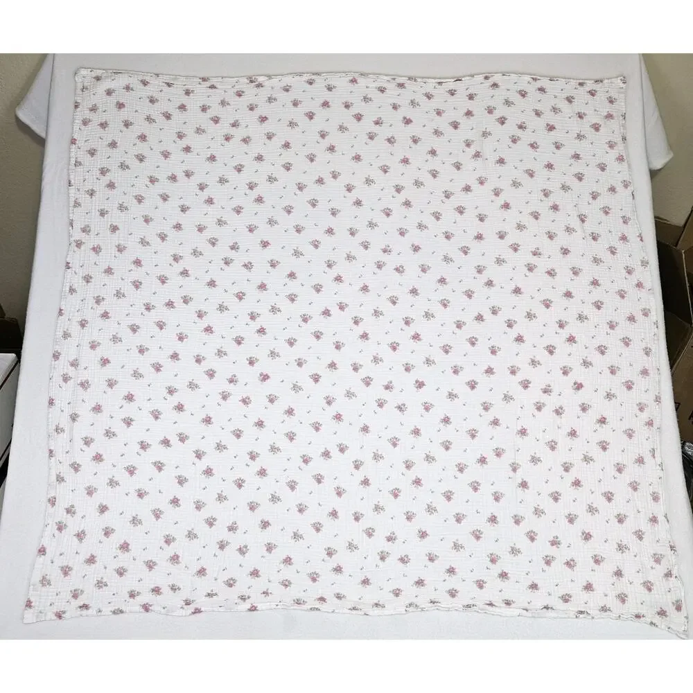 Pottery Barn Rachel Ashwell Baby Blanket Organic Cotton Gauze White Pink Floral